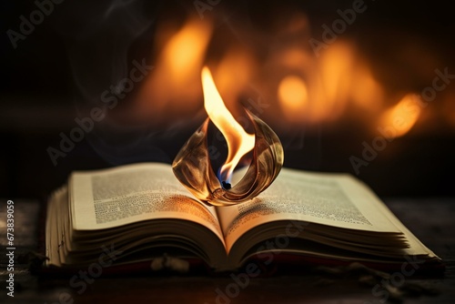 An image of heart-shaped old book pages with a flame in the background. Generative AI