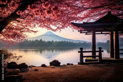 Mt Fuji and beautiful blooming cherry blossom woods with Japanese temple by lake in Spring. Spring seasonal concept.