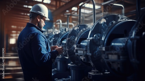 Male worker at water supply station inspects water pump valves equipment in at a large industrial estate. Water pipes. Industrial plumbing. photo
