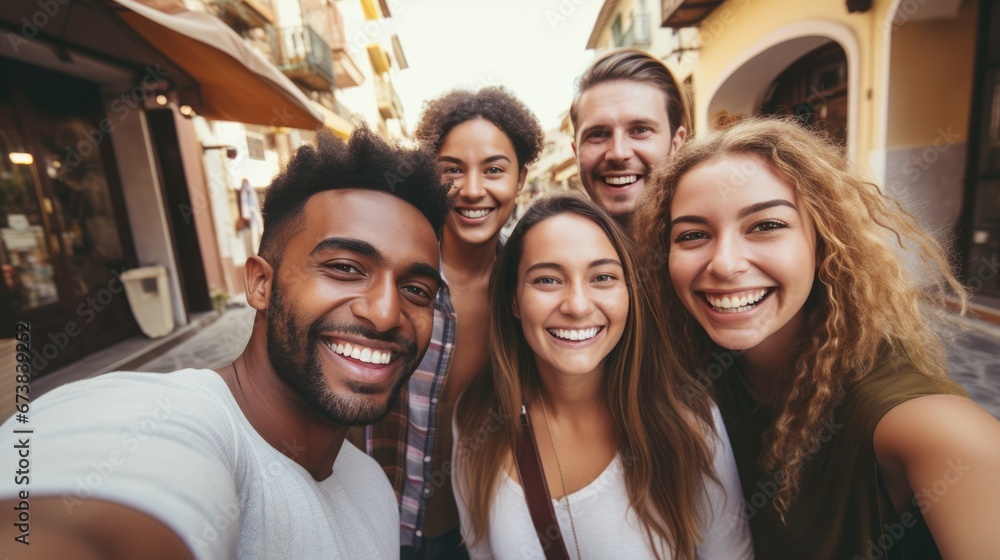 Fototapeta premium Group of friends multiracial young people taking selfie cheerful on Summer vacation together. Happy young people having fun hanging out on city street.