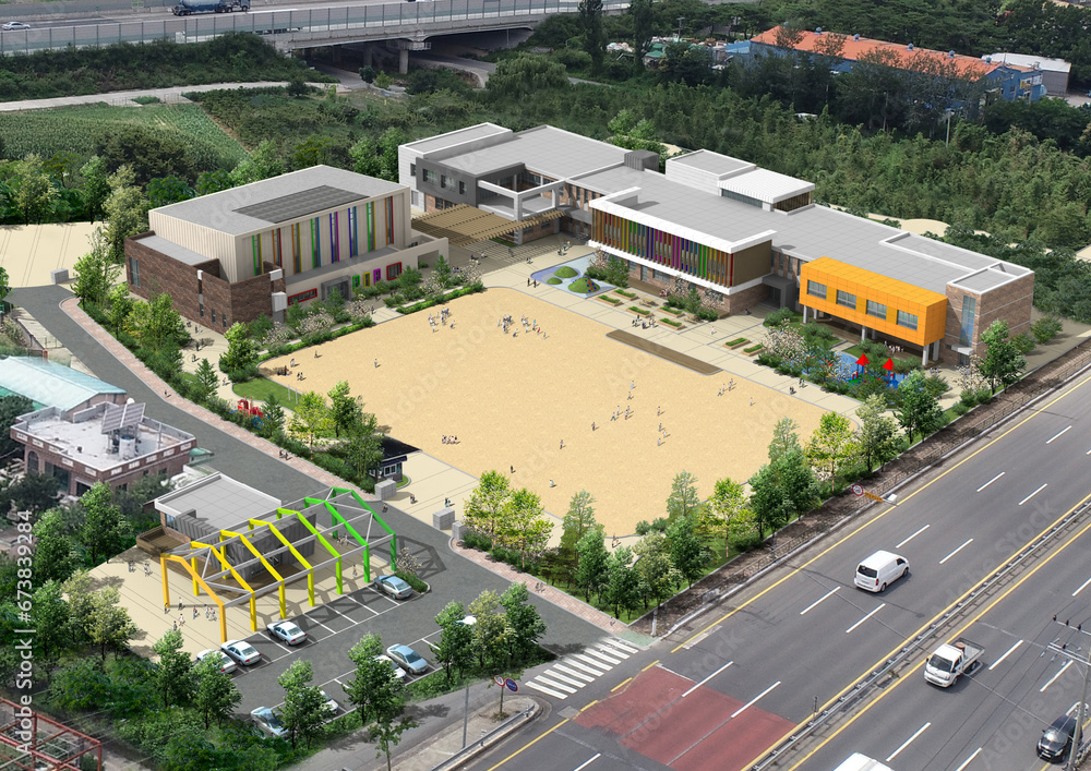 view of the city, rendering of a modern primary school in the country