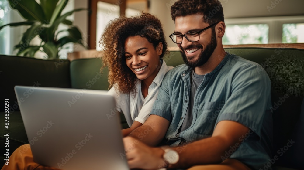 Multiracial young couple watching computer laptop on the sofa at home. Technology lifestyle concept. Multiracial young couple watching computer laptop on the sofa at home. Technology lifestyle concept.