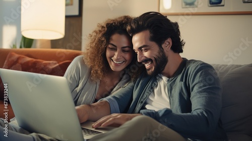 Multiracial young couple watching computer laptop on the sofa at home. Technology lifestyle concept. photo