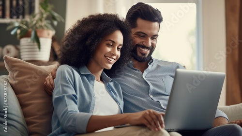 Multiracial young couple watching computer laptop on the sofa at home. Technology lifestyle concept.