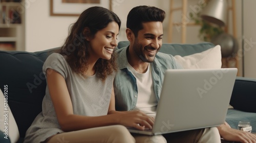 Multiracial young couple watching computer laptop on the sofa at home. Technology lifestyle concept.