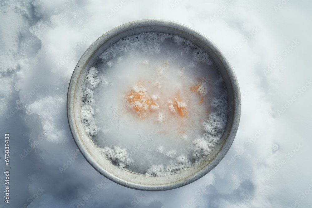 Close-up view of a bowl of hot steaming soup in snow field in winter. Winter seasonal concept. Close-up view of a bowl of hot steaming soup in snow field in winter. Winter seasonal concept.