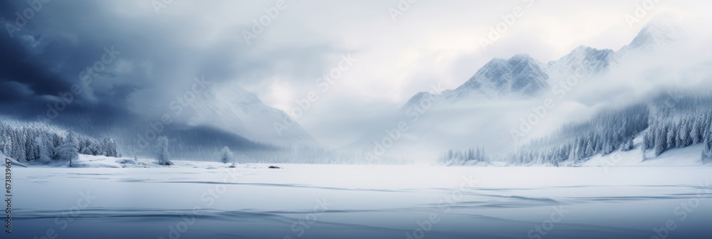 Beautiful lake panorama with foggy Winter forest covered by heavy snow and ice. Winter seasonal concept. Beautiful lake panorama with foggy Winter forest covered by heavy snow and ice. Winter seasonal concept.