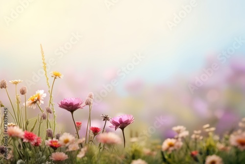 Wild flower field in wild with variable colors in Spring. Blurred background for text. Spring seasonal concept.