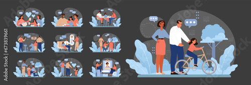 Modern Family Dynamics set. A collection showcasing diverse family structures, including gay couples, step-parents, and blended families. Moments of love, challenges, and unity. Flat vector.