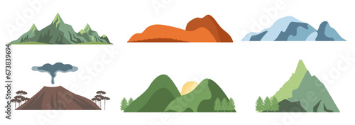 Vector set of isolated mountains, mountain peak, hill top, iceberg, nature landscape. Camping landscape and hiking illustration. Outdoor travel, adventure, tourism, climbing design elements