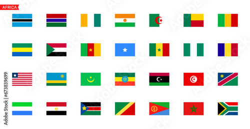Flags of the countries of the continent Africa. Set of color flags of countries. Isolated square flags of Africa countries. Vector icons