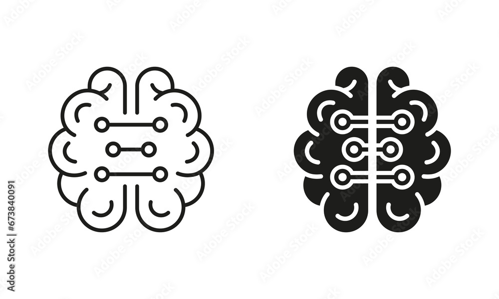 Human Brain and Digital Technology Black Symbol Collection. Neurology and Artificial Intelligence Silhouette and Line Icons Set. Tech Science Pictogram. Isolated Vector Illustration Human Brain and Digital Technology Black Symbol Collection. Neurology and Artificial Intelligence Silhouette and Line Icons Set. Tech Science Pictogram. Isolated Vector Illustration