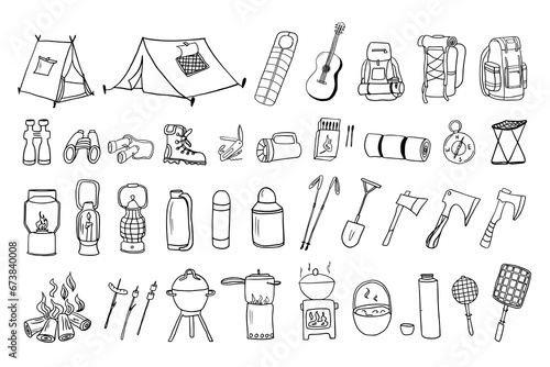 Big set of camping and hiking elements. Doodle style. Picnic, travel accessories and equipment. Travel design. Adventure. Great for prints, poster, cute stationery. Hand drawn. Vector illustration 