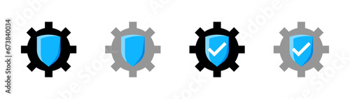 Icon protection settings. Flat, blue, shield inside gear, protection settings icons. Vector icons