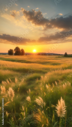 Beautiful natural panoramic countryside landscape. Blooming wild high grass in nature at sunset warm summer. Pastoral scenery. Selective focusing on foreground. © Shoeab