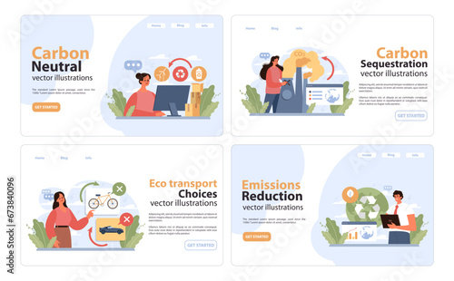 Eco consciousness set. Exploring carbon neutrality, promoting green transport options, highlighting emission cuts, and understanding carbon sequestration. Flat vector illustration