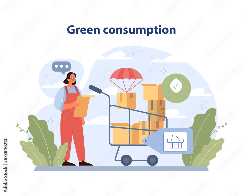 Green Consumption concept. Woman in overalls efficiently shops with cart, eco-friendly packages, and plant symbol. Conscious buying promoting sustainability. Flat vector illustration