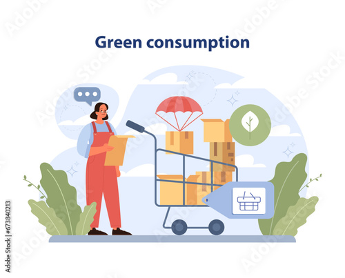 Green Consumption concept. Woman in overalls efficiently shops with cart, eco-friendly packages, and plant symbol. Conscious buying promoting sustainability. Flat vector illustration