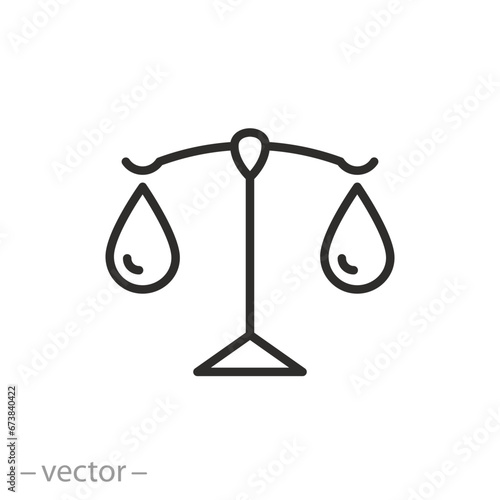 water drops on scales icon, water balance concept, thin line symbol - editable stroke vector illustration