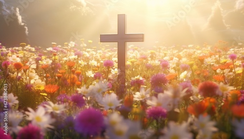 Cross in field of flowers