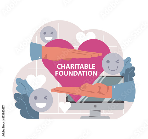 Online charity and charitable foundation. Web service to help people in need. Humanitarian aid, donations, volunteers or non-governmental, nonprofit organizations support. Flat vector illustration