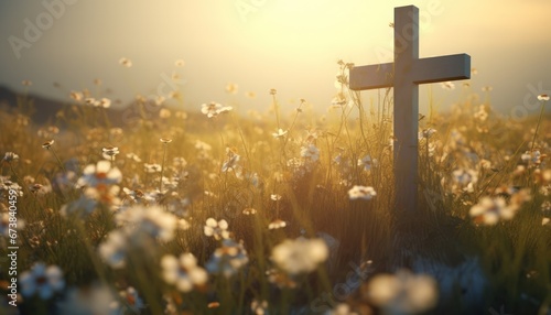 Cross in field of flowers