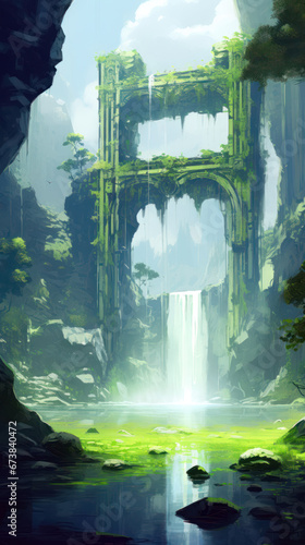 Fantasy landscape with waterfalls in the forest