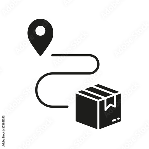 Pin on Map with Box, Shipment Distance Silhouette Icon. Parcel Location Glyph Pictogram. Delivery Service Route Solid Sign. Order Path Symbol. Isolated Vector Illustration