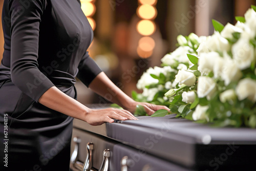 A woman is standing beside a casket with a bouquet of flowers on it. photo