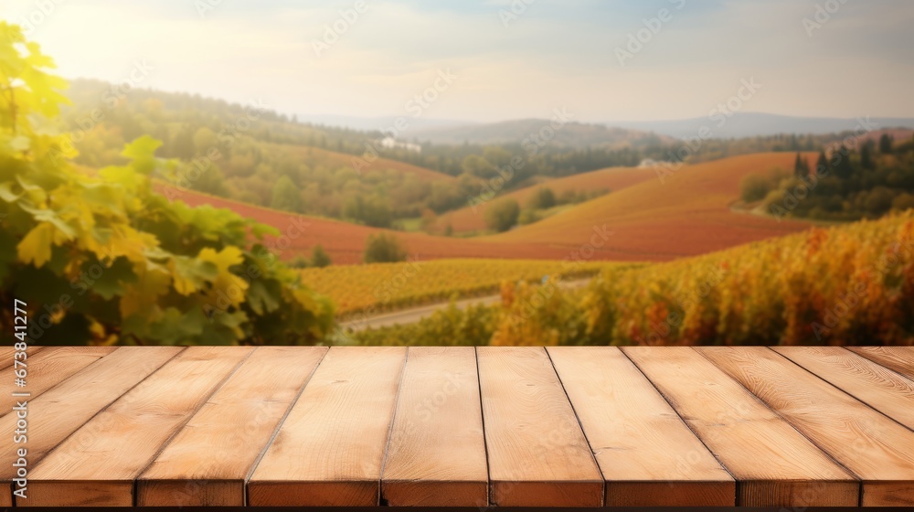 Wooden table in an autumn evening landscape with free space on the table for simulating product display. Winery and wine tasting concept Wooden table in an autumn evening landscape with free space on the table for simulating product display. Winery and wine tasting concept