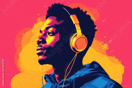 Young African American male listening to music in headphones and looking away. Generative AI. Risograph style