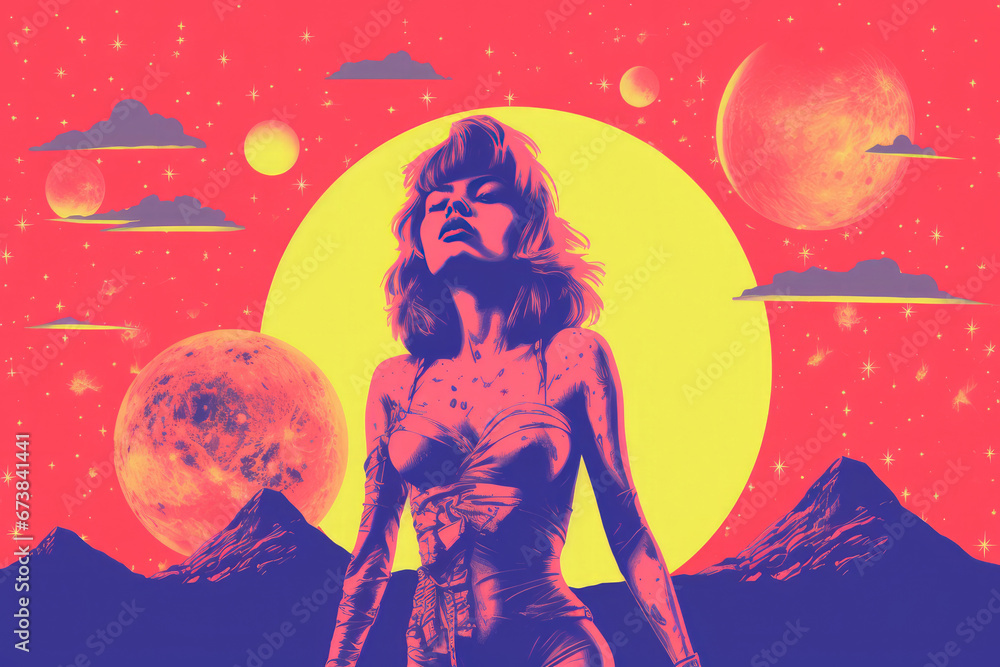 Young woman in trendy outfit standing in cosmic space landscape with planets. Generative AI. Risograph style