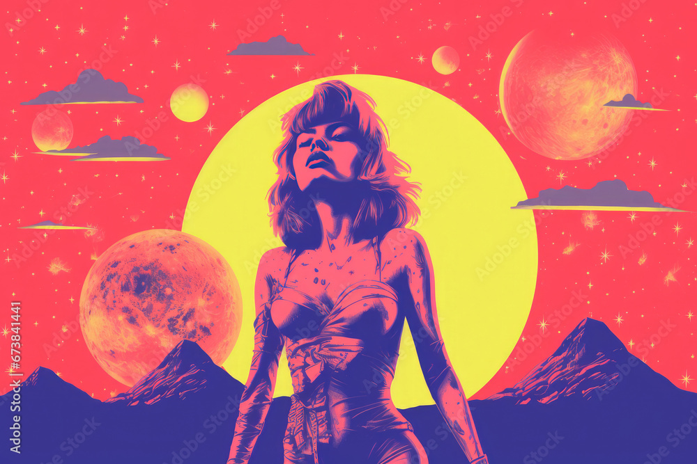 Young woman in trendy outfit standing in cosmic space landscape with planets. Generative AI. Risograph style Young woman in trendy outfit standing in cosmic space landscape with planets. Generative AI. Risograph style