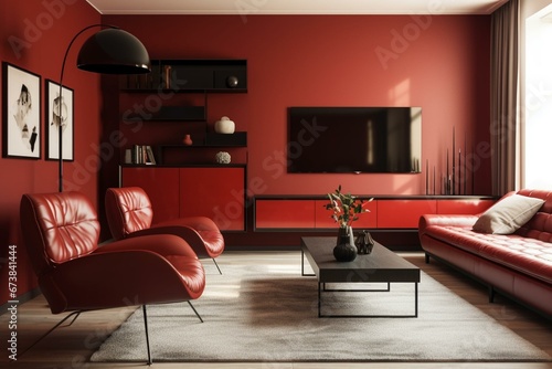 Contemporary lounge with storage unit, leather sofa and armchair, table, lamp, rug. TV on red wall. Generative AI