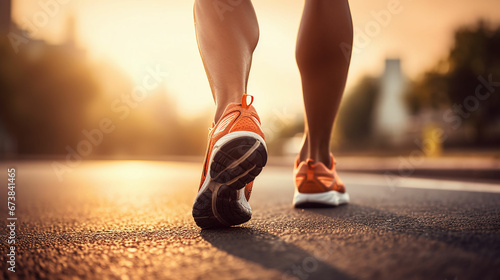 Runner feet running on road closeup on shoe. MAN fitness sunrise jog workout welness concept. Made with generative ai