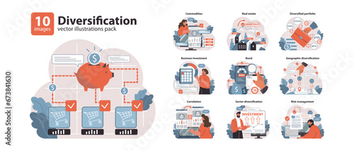 Diversification set. Visuals on investment strategies in commodities, real estate, and bonds. Business investment, sector allocation, and risk management insights. Flat vector illustration