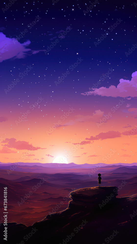 Silhouette of a man standing on top of a mountain and looking at the sunse