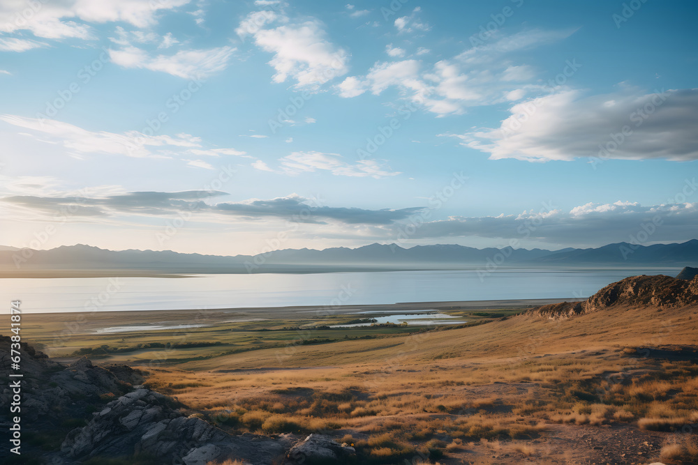 
Beautiful lake view against the backdrop of sand mountains  - Great Salt Lake in Utah in early morning