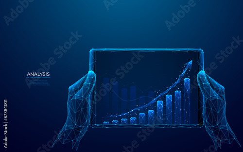 Abstract growth graph chart on tablet screen. Technology hands holding tablet with growth histogram. Stock market concept in light blue low poly style. Vector illustration on dark background.