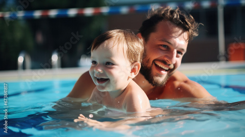 Portrait of happy father and son playing together in swimming pool. Spending quality time, lifestyle, family, summertime and vacation concept. © PaulShlykov
