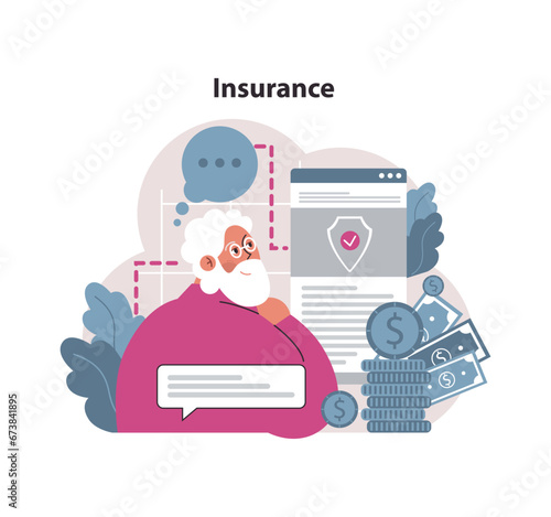 Financial independence, FIRE concept. Money savings and investment for early retirement. Senior man with personal insurance. Security and protection of life and health. Flat vector illustration