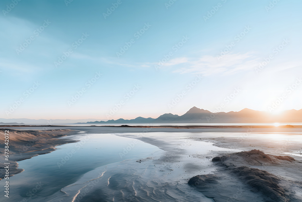 
Beautiful lake view against the backdrop of sand mountains  - Great Salt Lake in Utah in early morning