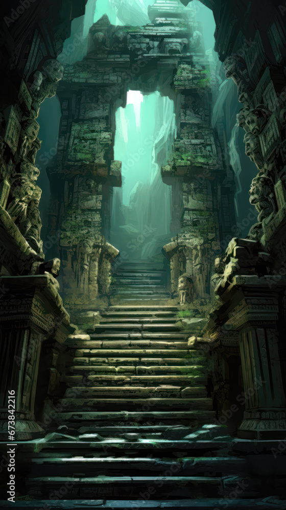 Mystical ruins of an ancient temple in the fog