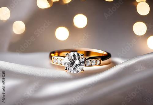 diamond ring on white silk fabric with lights bokeh in minimal style photo