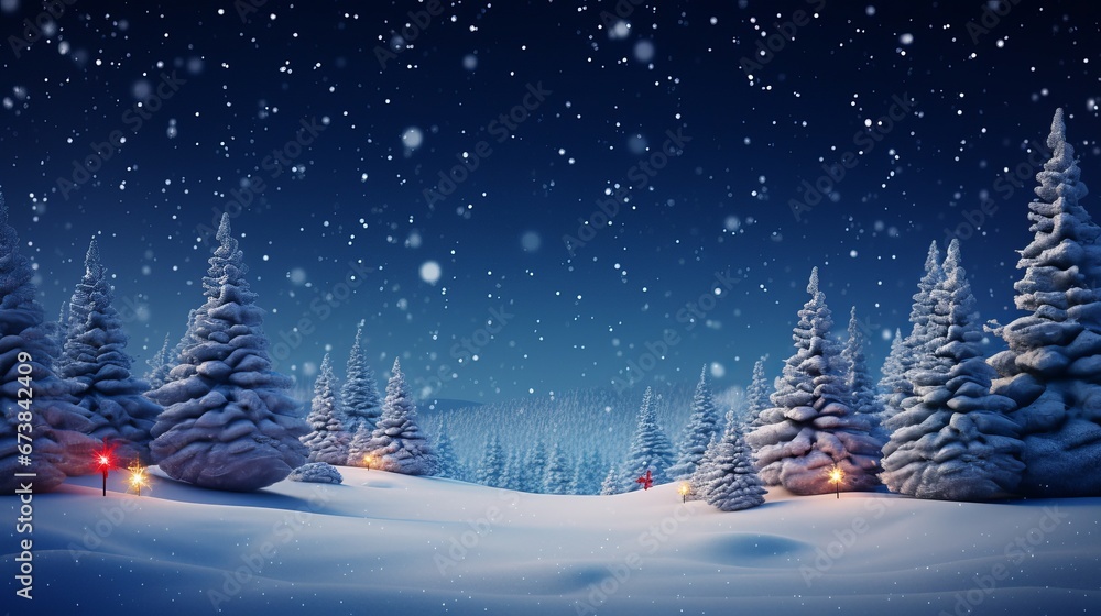 A Christmas background and greeting card with a forest of green Christmas trees covered in snow.