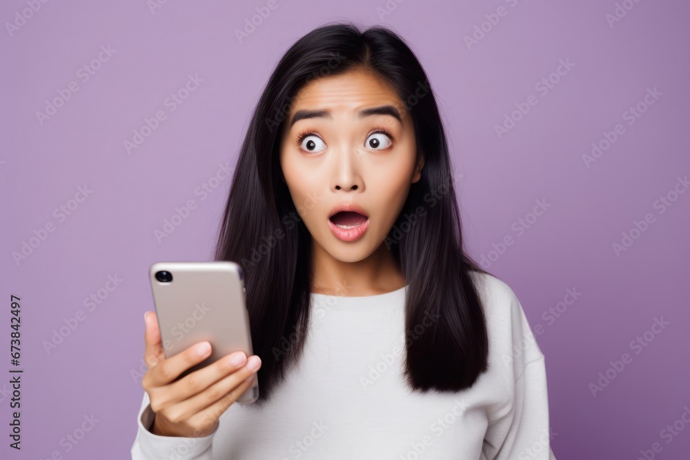 Asian Female Purple Color Astounded Checking Phone Backdrop Generative AI Asian Female Purple Color Astounded Checking Phone Backdrop Generative AI