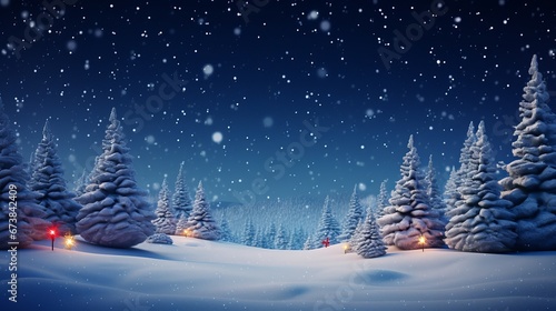 A Christmas background and greeting card with a forest of green Christmas trees covered in snow. © YUJYUN