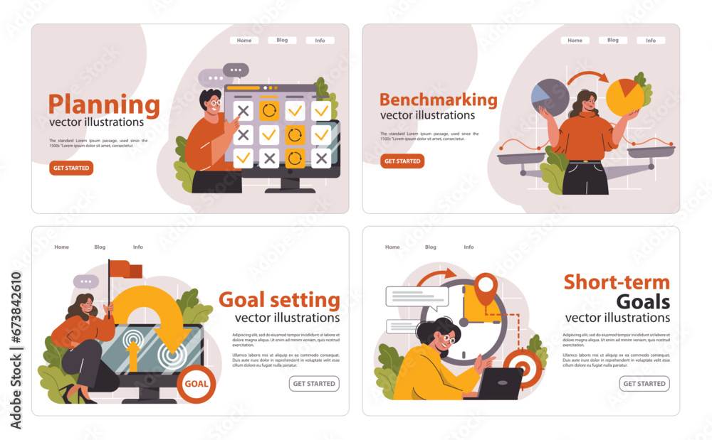 Business Strategy Set. Navigating through planning and benchmarking. Expert analyzing data, setting future goals, focusing on short-term targets. Decision-making insights. Flat vector illustration Business Strategy Set. Navigating through planning and benchmarking. Expert analyzing data, setting future goals, focusing on short-term targets. Decision-making insights. Flat vector illustration
