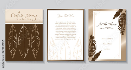 A set of elegant feather invitations in brown and copper colors
