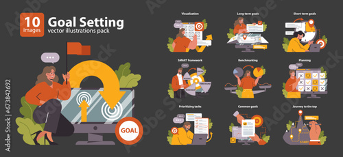 Goal Setting set. Articulating aspirations through visualization, diving into long-term and short-term targets. Utilizing SMART criteria, understanding benchmarks. Flat vector illustration